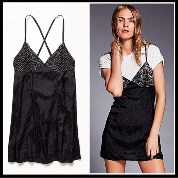 NWT Free People Jewel Embellished Black Mini Slip Dress - Picture 2 of 9